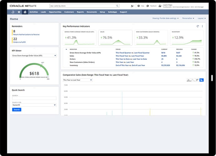 NetSuite ERP's commerce-focused dashboard