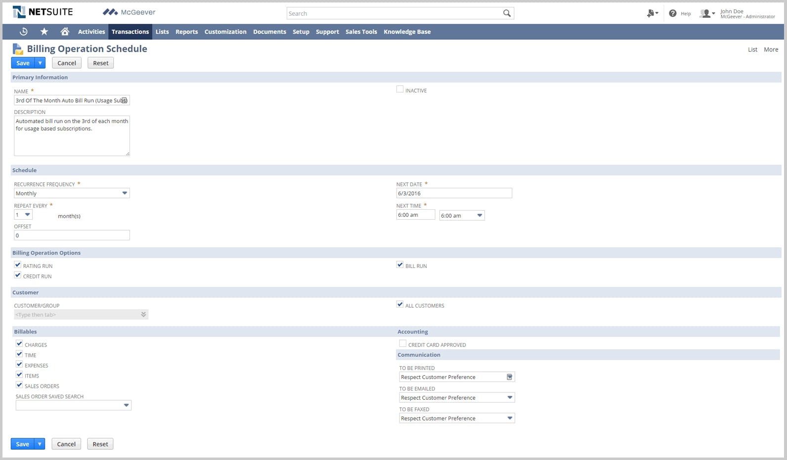 Billing Operation Schedule